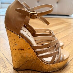 Yves Saint Laurent Tan Strappy Wedge Sandals with Gold Cork-Effect Heel